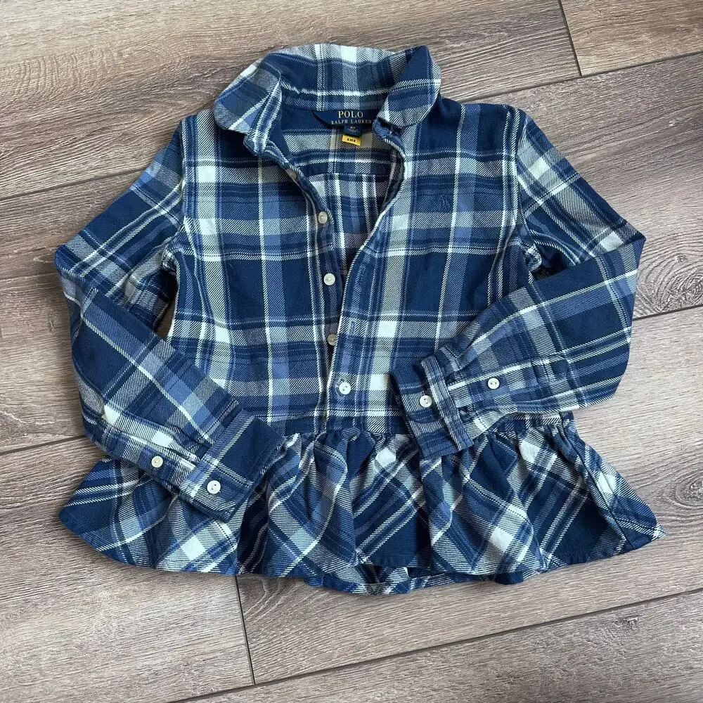 Ralph Lauren Plaid Peplum-Hem Cotton Shirt 6X